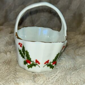 Christmas Holly by KASHIMA Fine Porcelain Basket Mini Candy Dish Holiday Decor